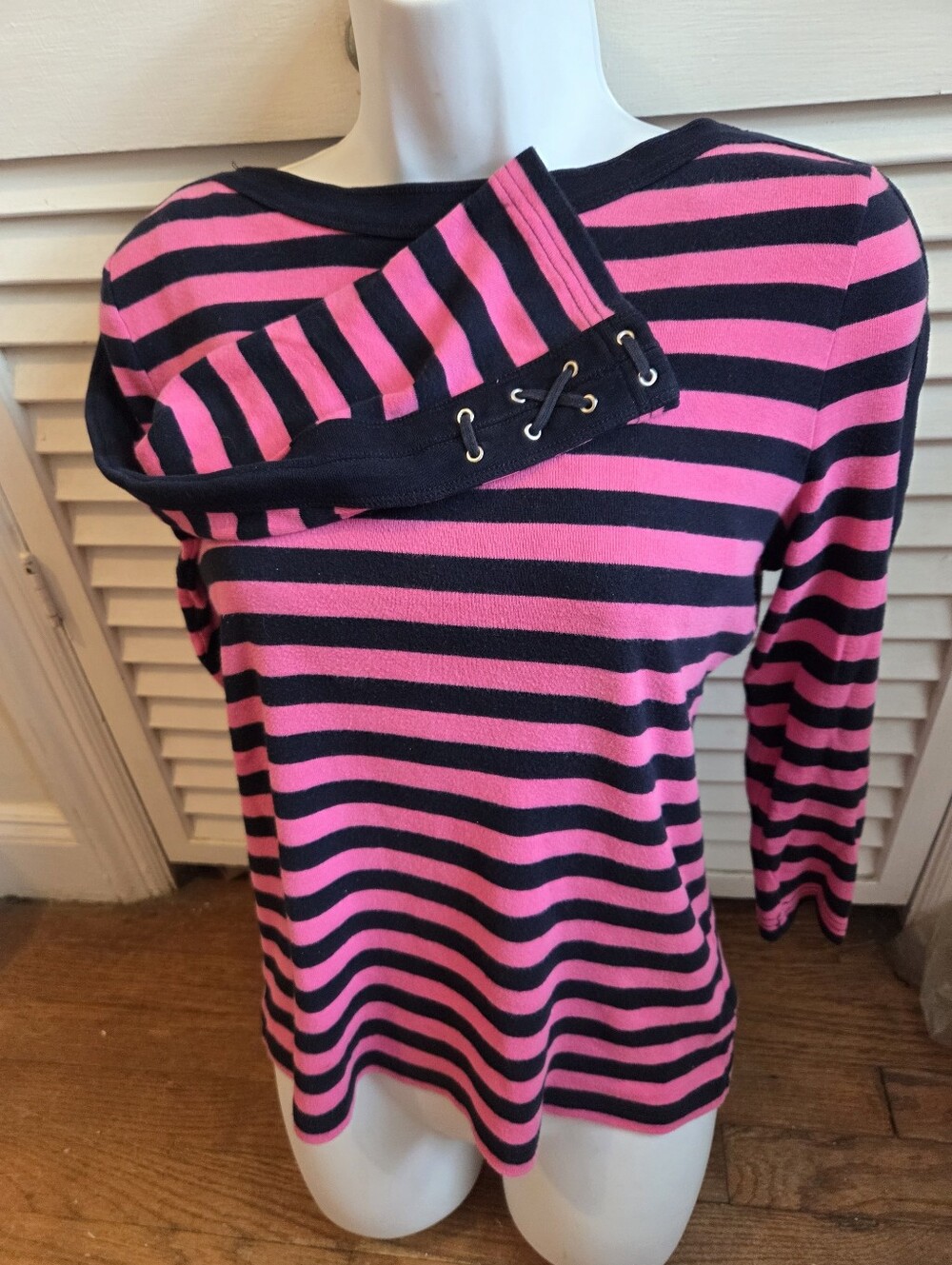 Chaps RALPH LAUREN Womens M Pink Black Stripe Top Cotton Preppy Exc Cond &79